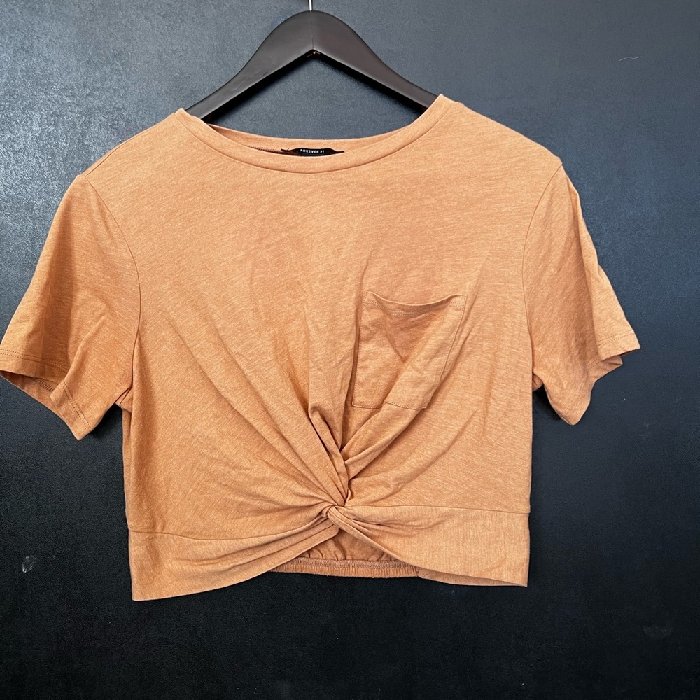 Tan tie-knot cropped t-shirt